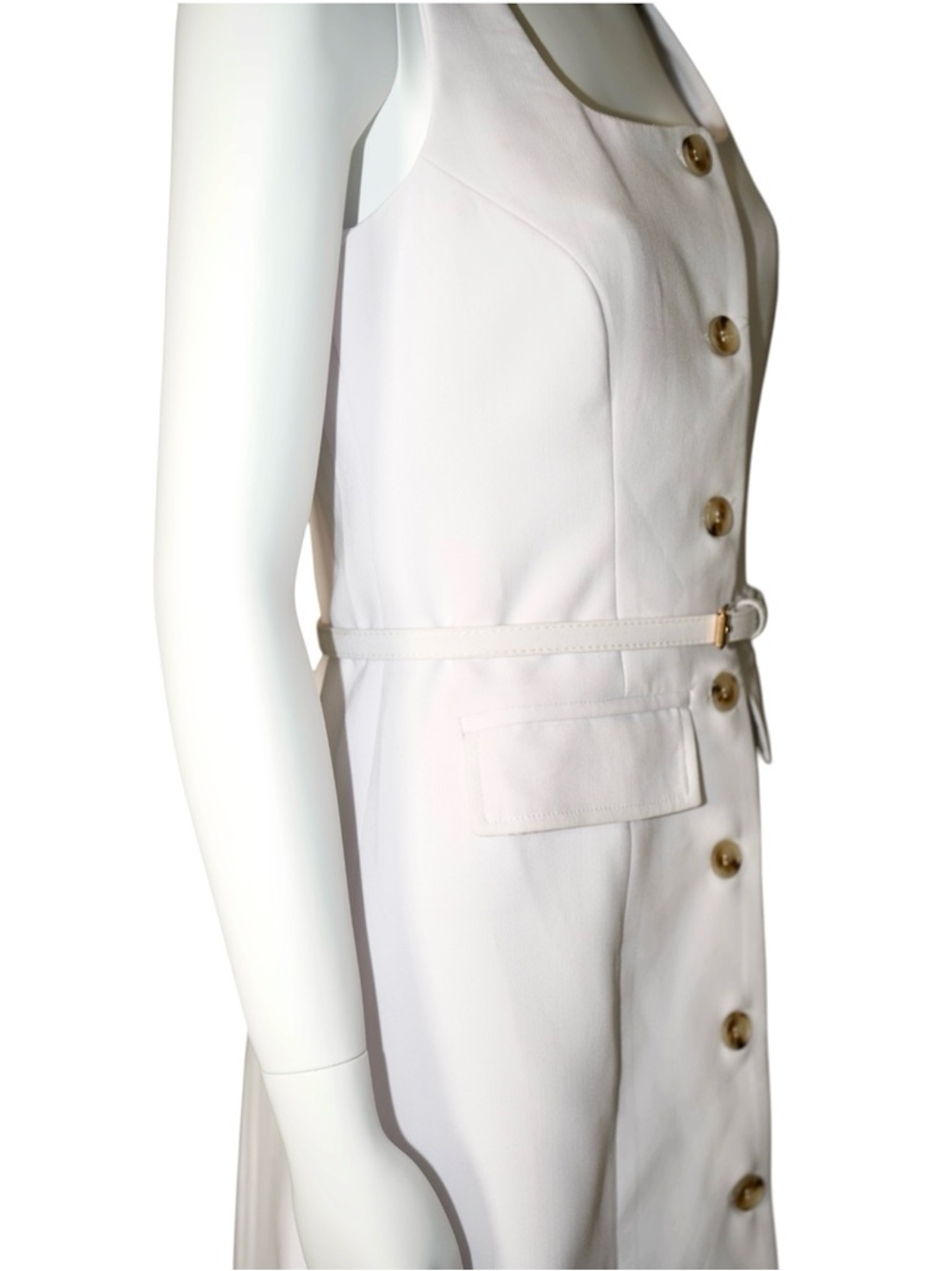 Saks Fifth Avenue Sleeveless Button-Front Off White Dress with Belt Size X-Small - Picture 9 of 14